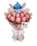 Buquê Ohana 10 rosas com pelúcia Stitch