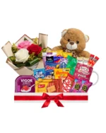 Cesta gesto de carinho com mini arranjo de 3 rosas (Escolha a cor) + ursinho - Imagem 3