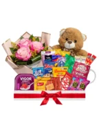 Cesta gesto de carinho com mini arranjo de 3 rosas (Escolha a cor) + ursinho