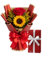 Kit: Buquê duo com rosa e girassol + Caixa de Bombom Nestlê