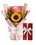 Kit: Buquê duo com rosa e girassol + Caixa de Bombom Nestlê - Imagem 2